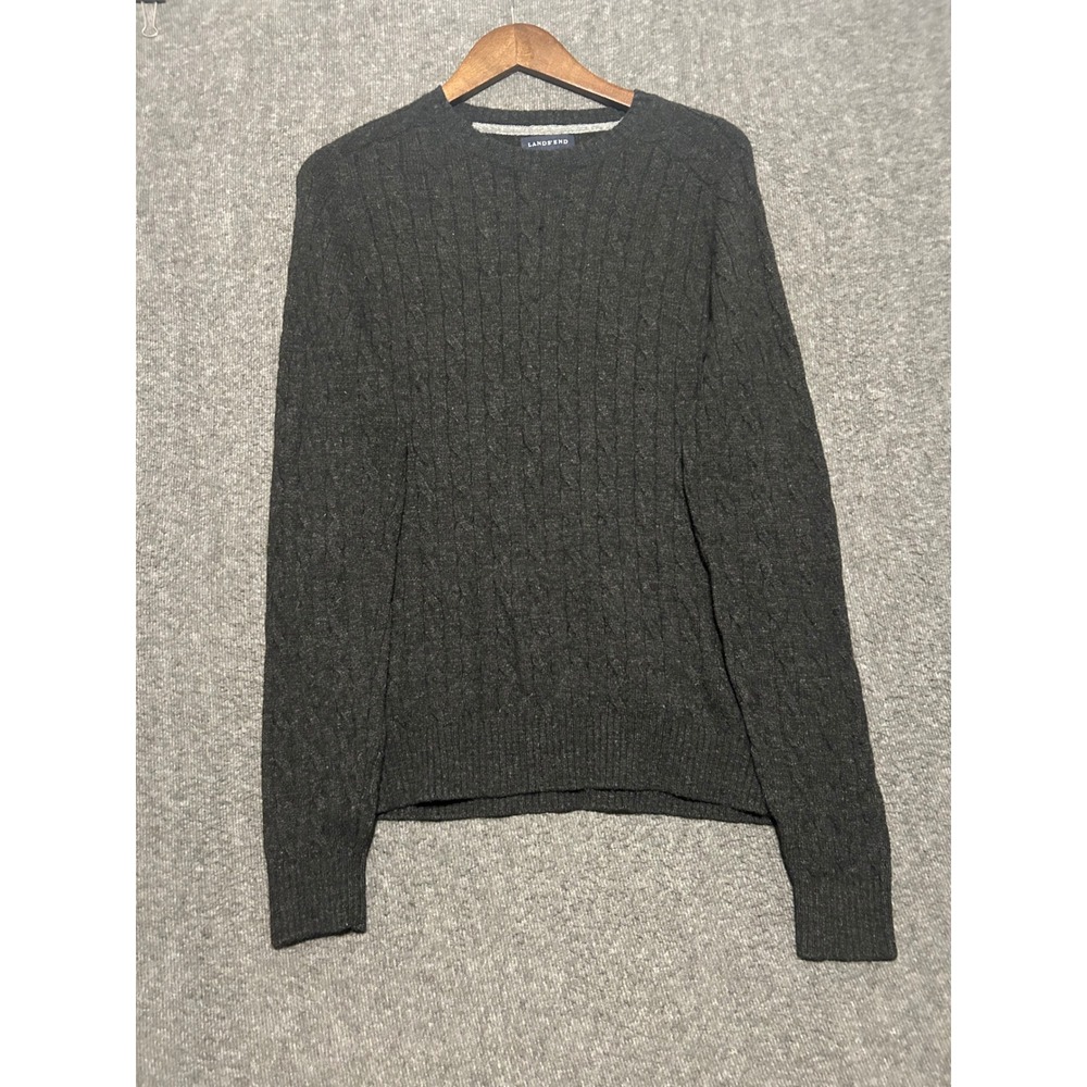 Lands end cable knit sweater mens gray  merino wool blend medium pullover